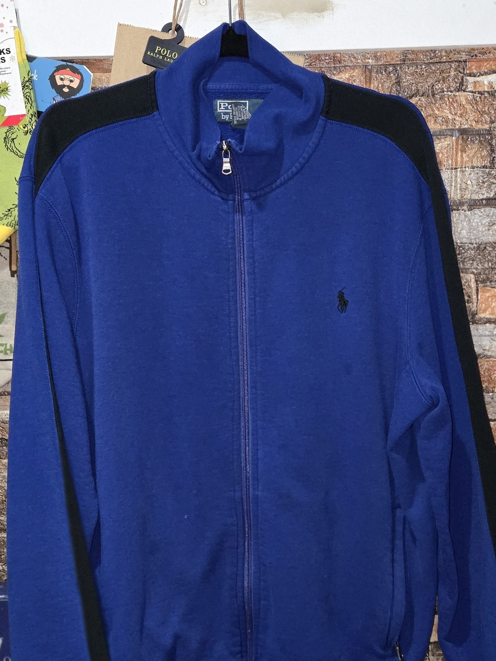 Ralph Lauren Men’s Royal Blue Zip-Up Sweater with Black Shoulder Panels